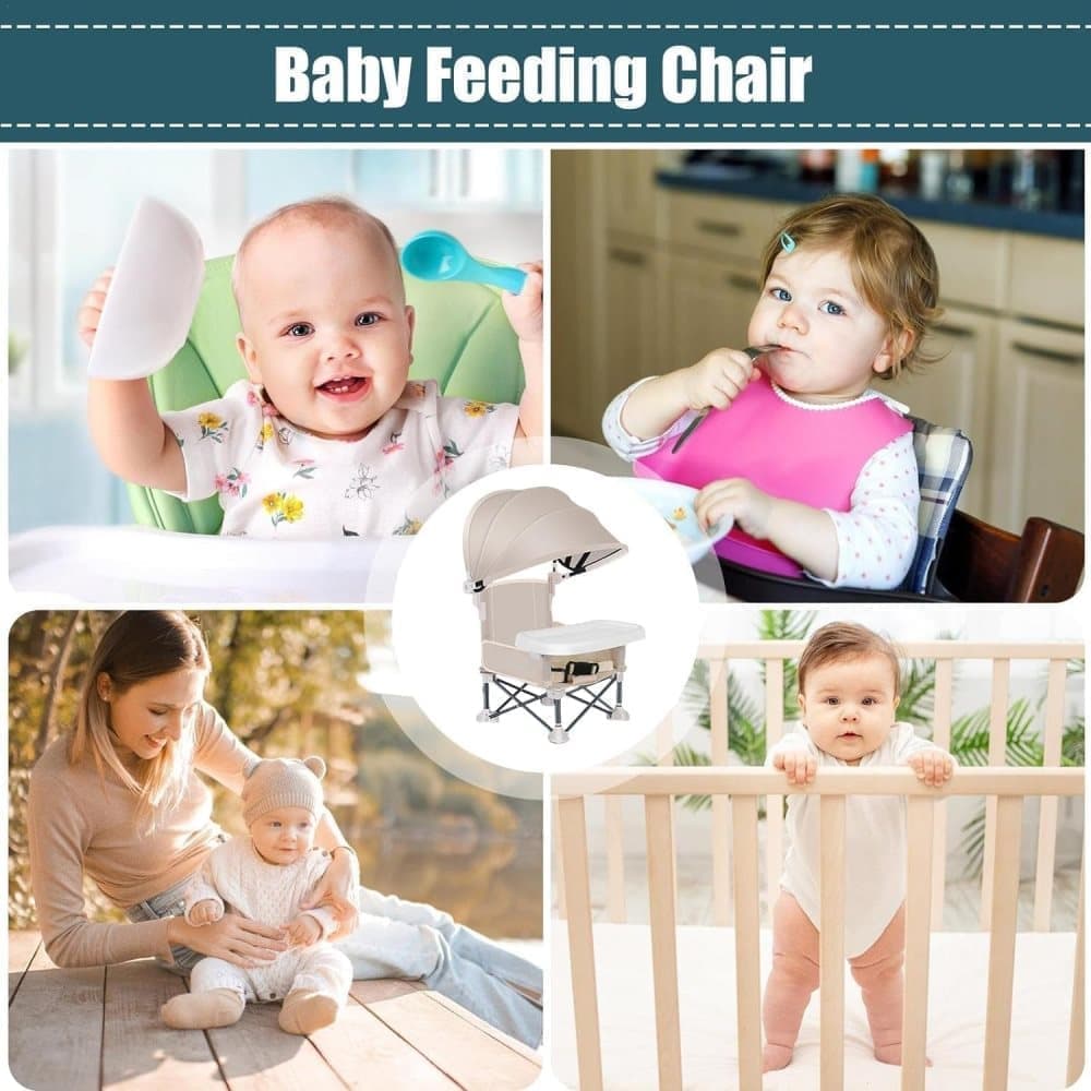 Foldable Highchair for Children with Sunshade and Removable Food Tray, Portable, Beige - Image 5