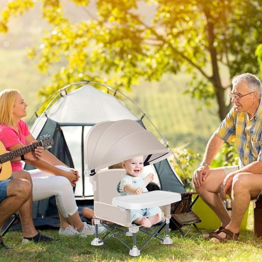 Portable Foldable Highchair for Children with Sunshade and Removable Food Tray, Pink - Image 2