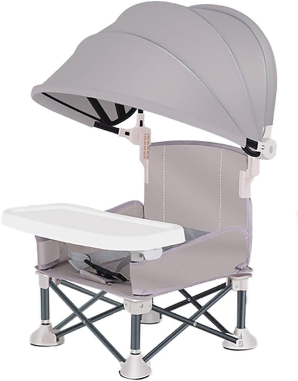 Foldable Highchair for Children with Sunshade and Removable Food Tray, Portable, Gray - Image 1
