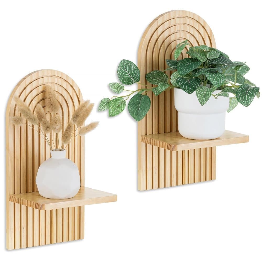 2 Bohemian Style Wooden Wall Shelves with Expander Bolts, Compatible with Living Rooms Bedrooms Kitchens, Brown - Image 1