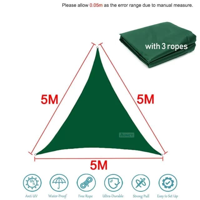 5x5x5m Waterproof Outdoor Sun Sail UV-Protective Triangle Shade Net for Camping Garden Terrace and Pool, Dark green - Image 7