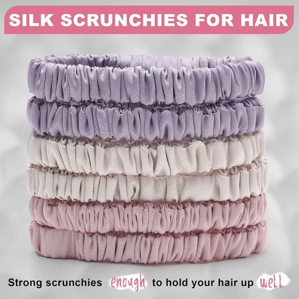 6-Pack Silk Scrunchies Hair Bands 100% Mulberry Silk Gentle No Damage High Elasticity, 16 Momme - Image 2