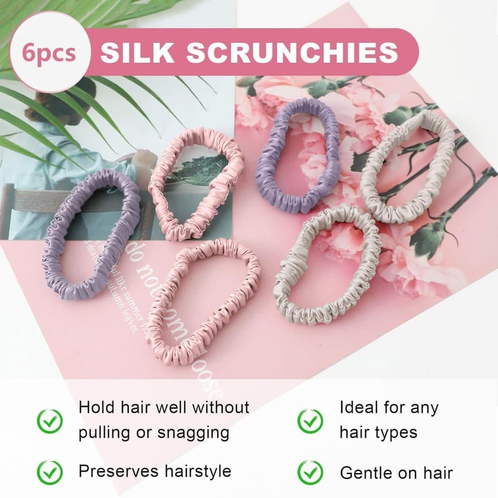 6-Pack Silk Scrunchies Hair Bands 100% Mulberry Silk Gentle No Damage High Elasticity, 16 Momme - Image 5