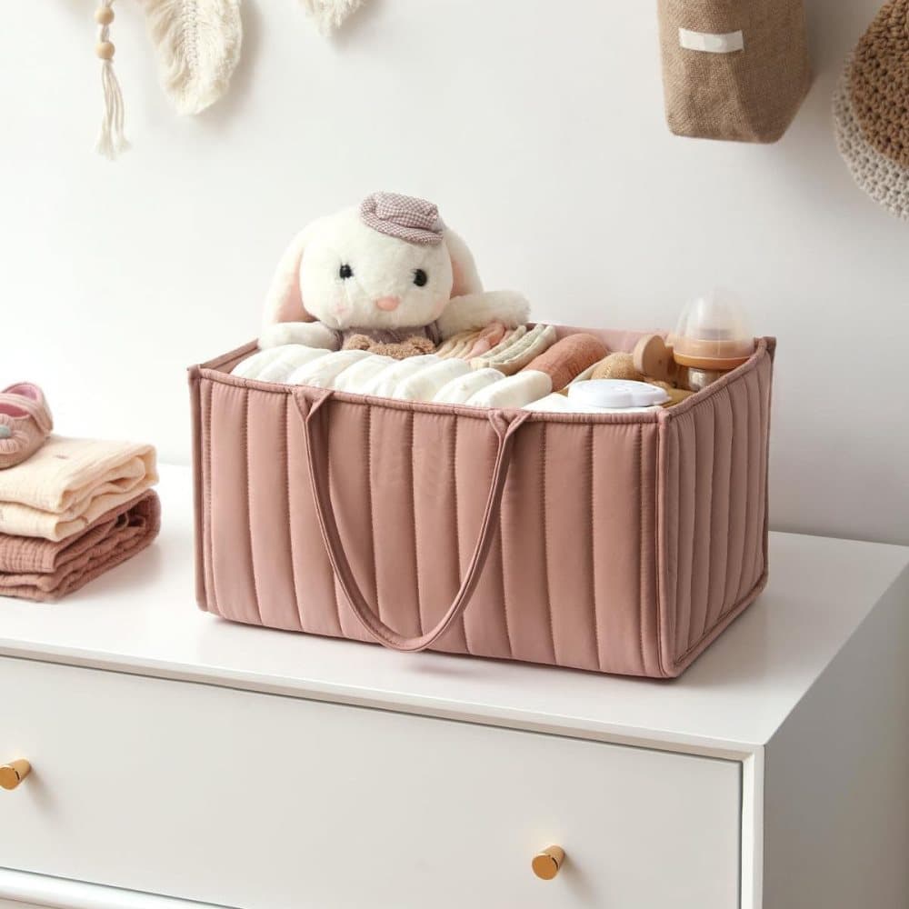 Breathable Water Resistant Baby Diaper Storage Basket Dark Pink, Large Capacity, Perfect for Home and Travel - Image 6