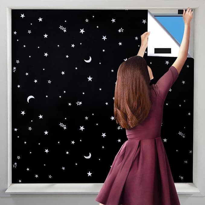 100% Blackout Curtain DIY Portable No-Drill UV Protection Star Moon Print, 145×200cm - Image 7