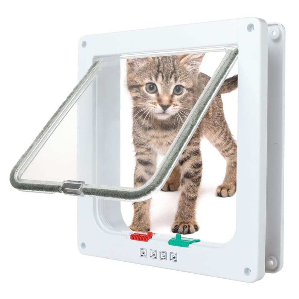 4-Way Locking Cat Flap for Small Dogs and Cats, Easy Installation, White, M - Image 1