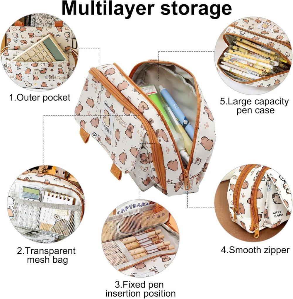50 Pens Pencil Case Capybara, Multifunctional Polyester Compartment - Image 3