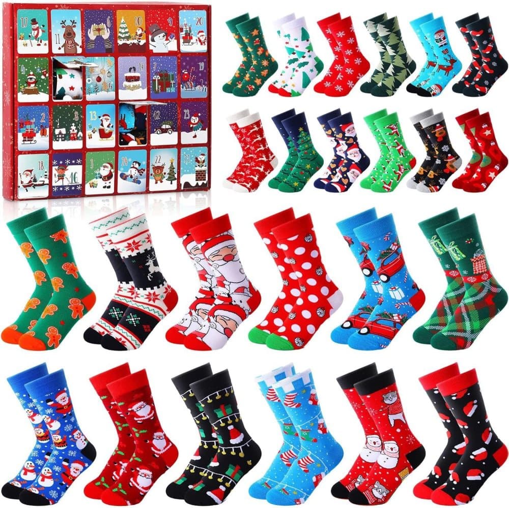 24 Pair Christmas Socks Advent Calendar 2025, Unisex Party Socks with Santa Snowman Reindeer, for Christmas Party Gift - Image 1