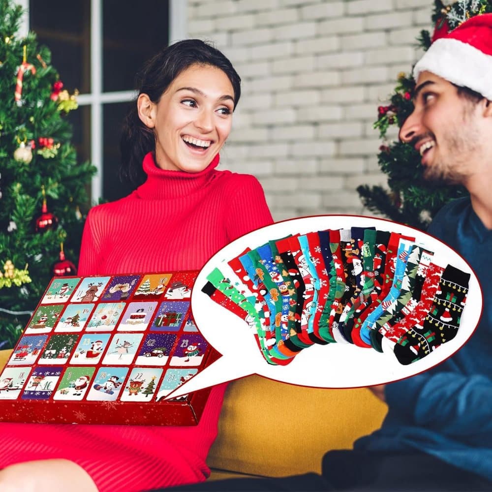 24 Pair Christmas Socks Advent Calendar 2025, Unisex Party Socks with Santa Snowman Reindeer, for Christmas Party Gift - Image 2