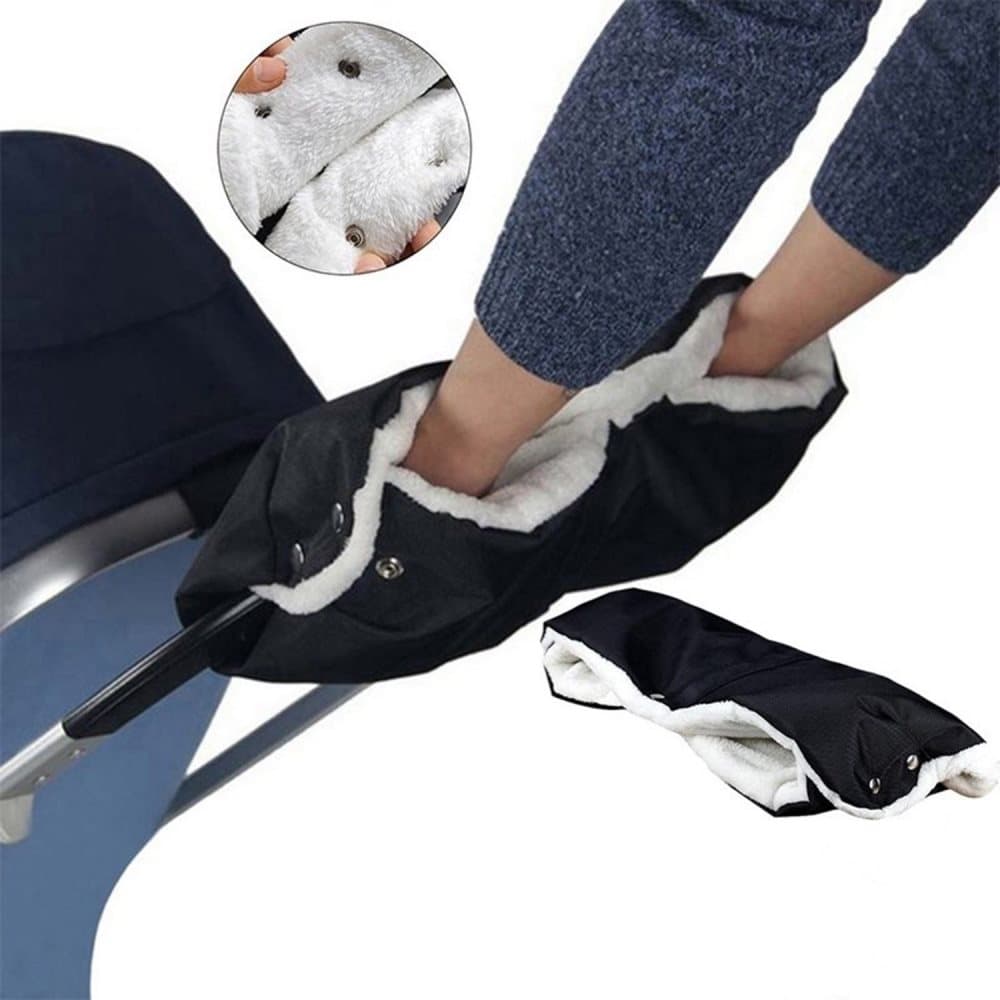 Waterproof Stroller Gloves Winter Hand Warmer with Fur, Black, Compatible with Stroller - Image 1