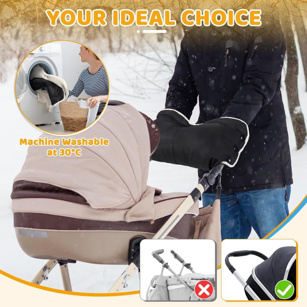Waterproof Stroller Gloves Winter Hand Warmer with Fur, Black, Compatible with Stroller - Image 2