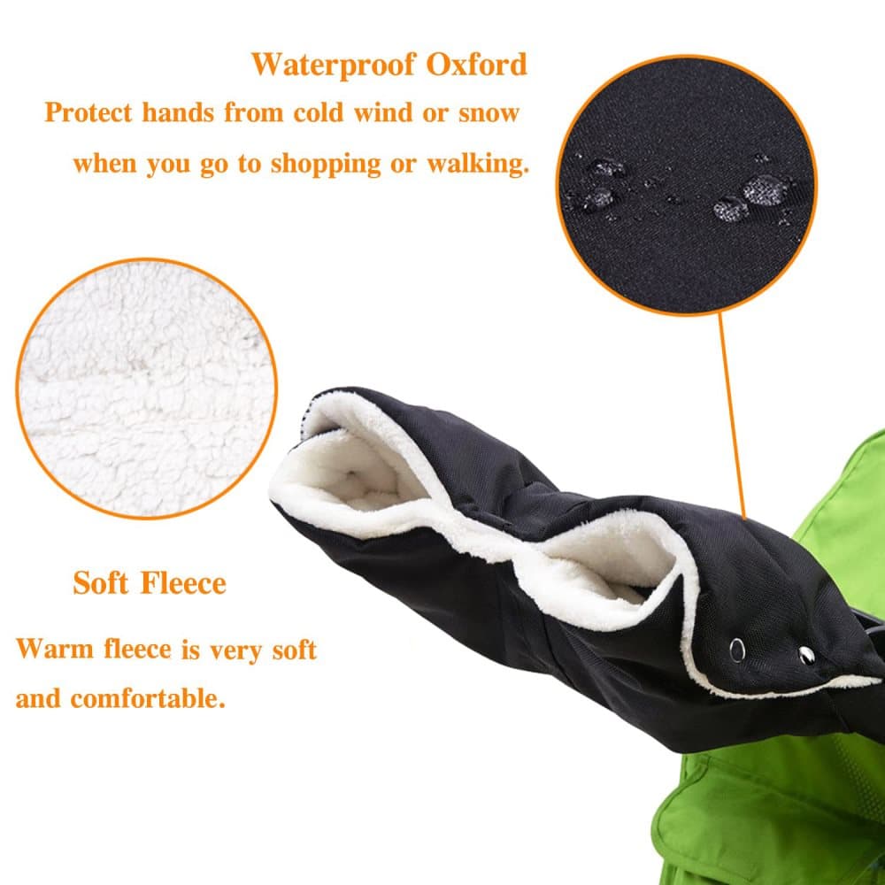 Waterproof Stroller Gloves Winter Hand Warmer with Fur, Black, Compatible with Stroller - Image 3