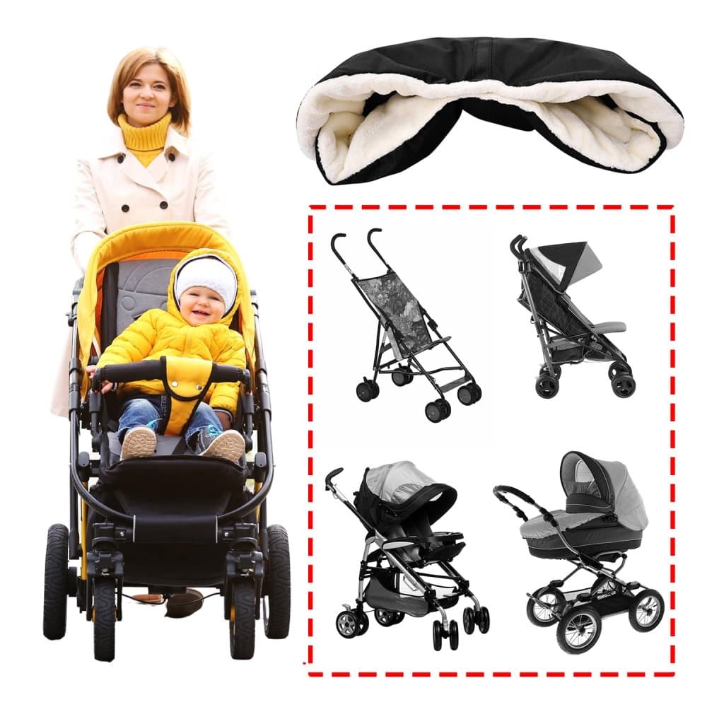 Waterproof Stroller Gloves Winter Hand Warmer with Fur, Black, Compatible with Stroller - Image 4