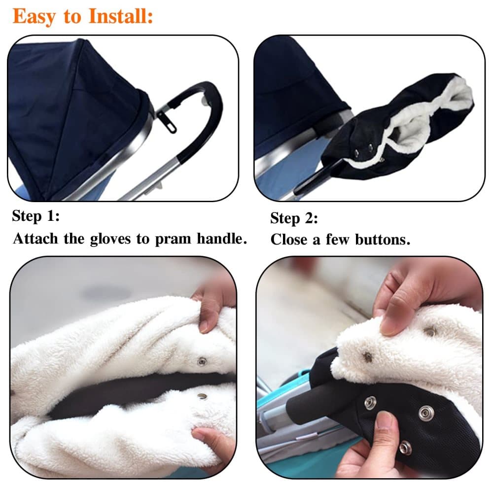 Waterproof Stroller Gloves Winter Hand Warmer with Fur, Black, Compatible with Stroller - Image 5