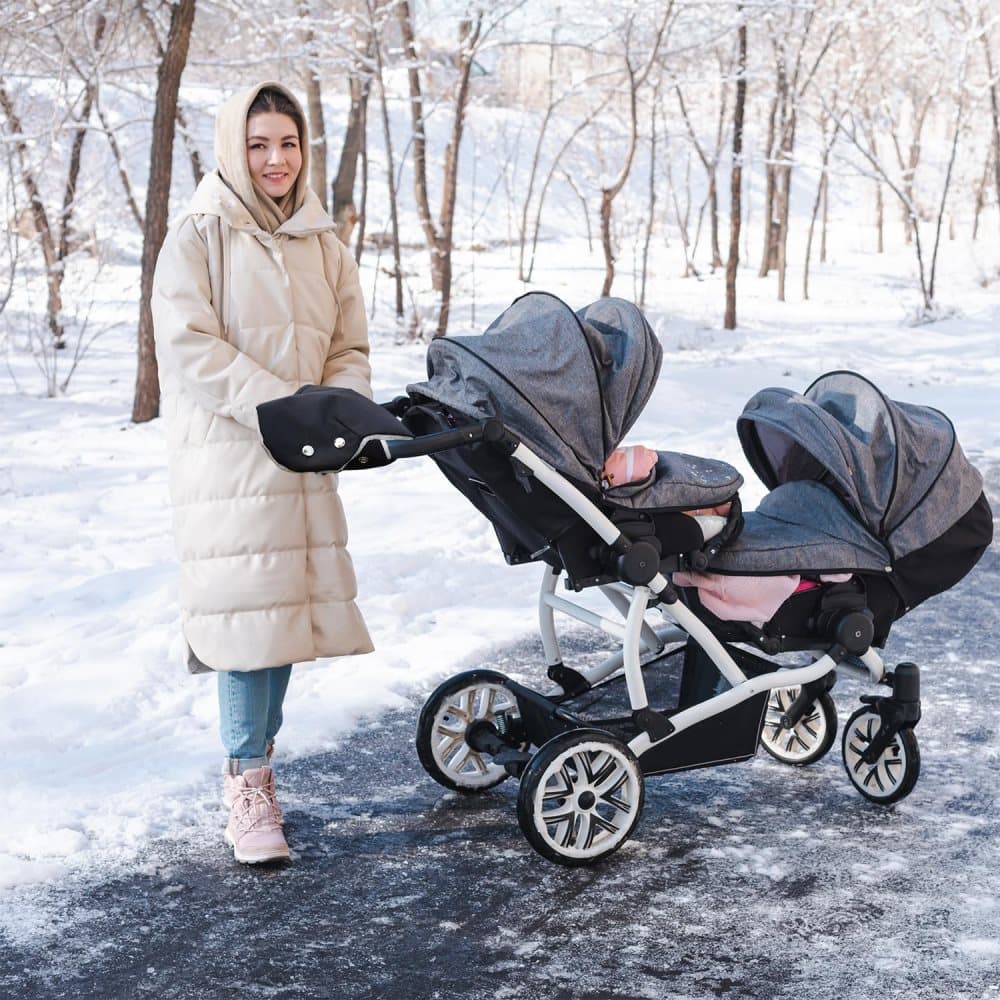 Waterproof Stroller Gloves Winter Hand Warmer with Fur, Black, Compatible with Stroller - Image 6