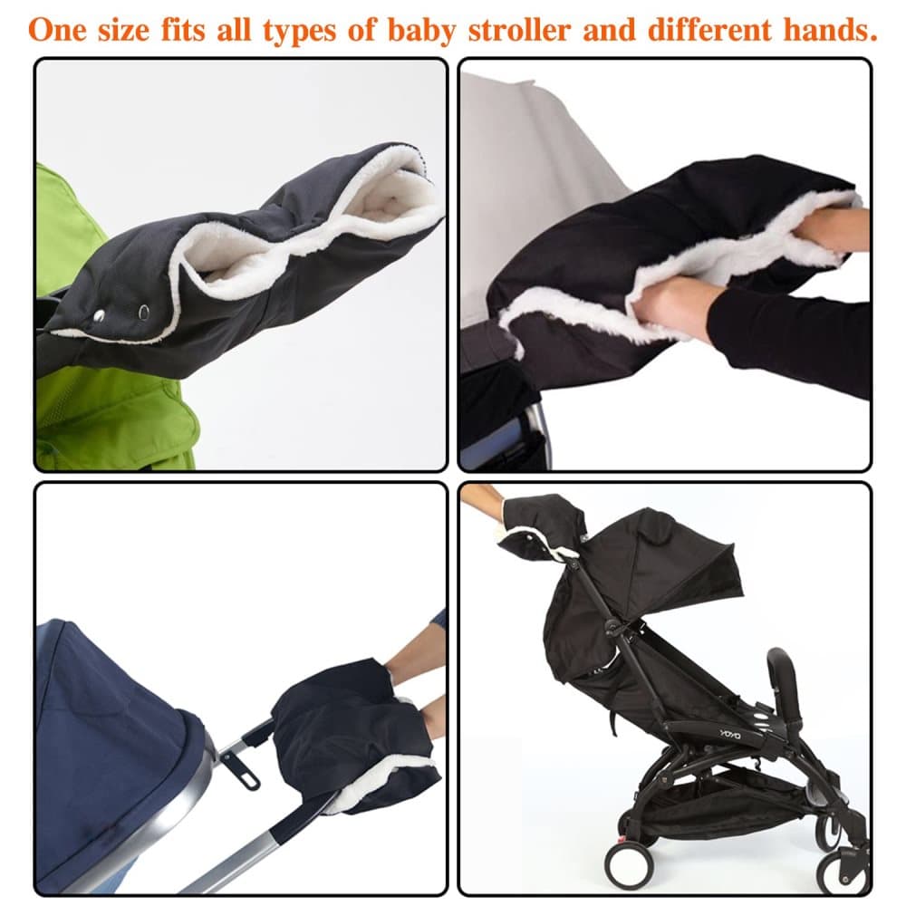 Waterproof Stroller Gloves Winter Hand Warmer with Fur, Black, Compatible with Stroller - Image 7