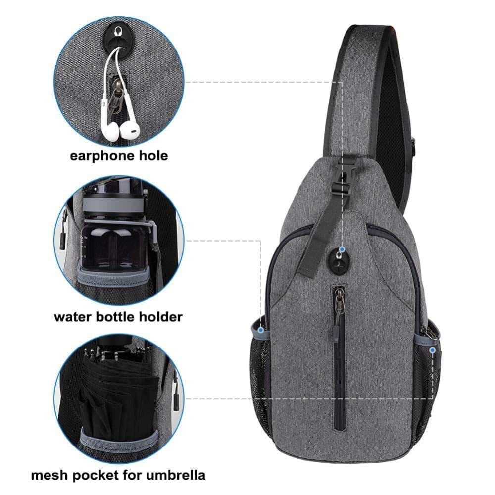 Unisex Multifunctional Shoulder Bag Crossbody Chest Backpack with Headphone Jack for Hiking Travel Climbing, Dark Gray - Image 4
