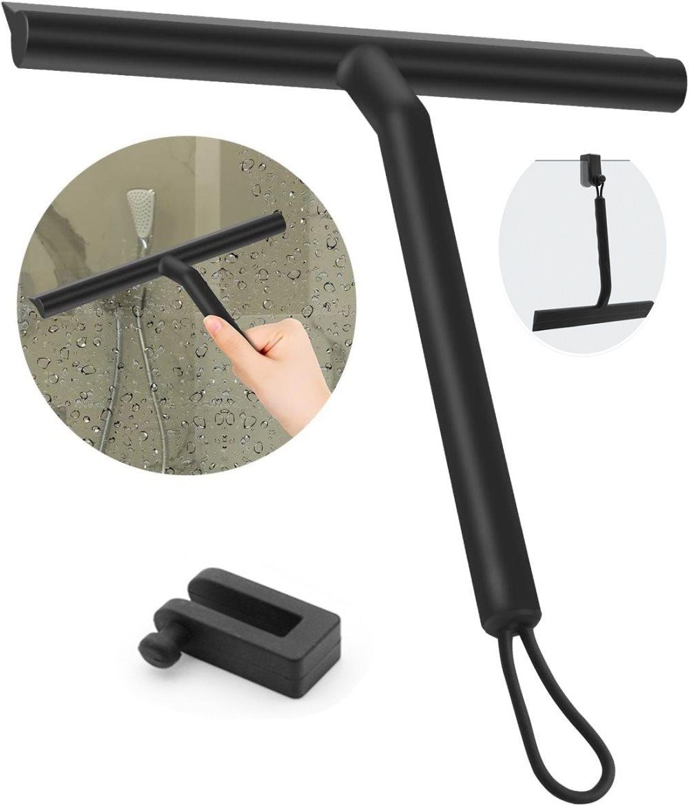 Multifunctional Silicone Shower Scraper with Hook for Windows, Shower Door and Car Window, Black - Image 1