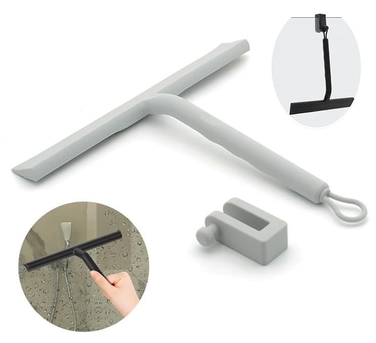 Silicone shower scraper with hook for windows shower door and car window, gray - Image 1