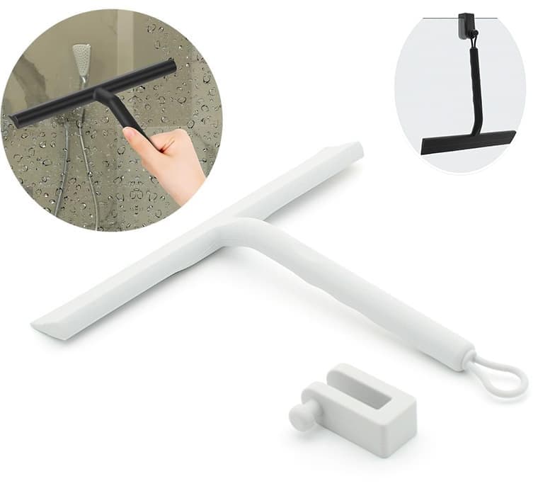 Silicone shower scraper for windows shower doors and car windows, with hook, white - Image 1