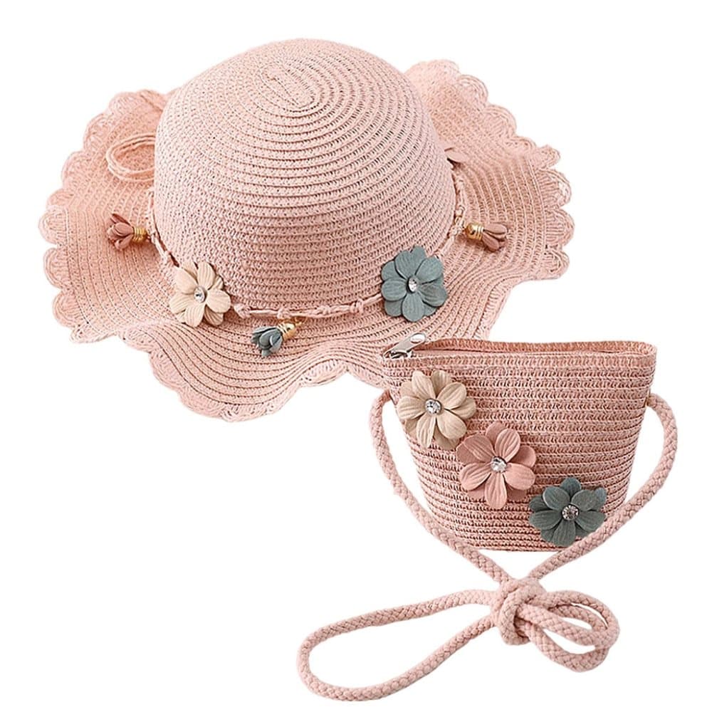 Girls Straw Hat and Shoulder Bag Set for Summer Beach Travel Outdoor Play, Pink - Image 1