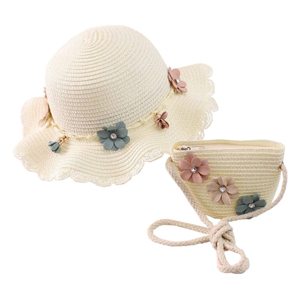 Girls Straw Hat and Shoulder Bag Set for Summer Beach Travel Outdoor Play, White - Image 1