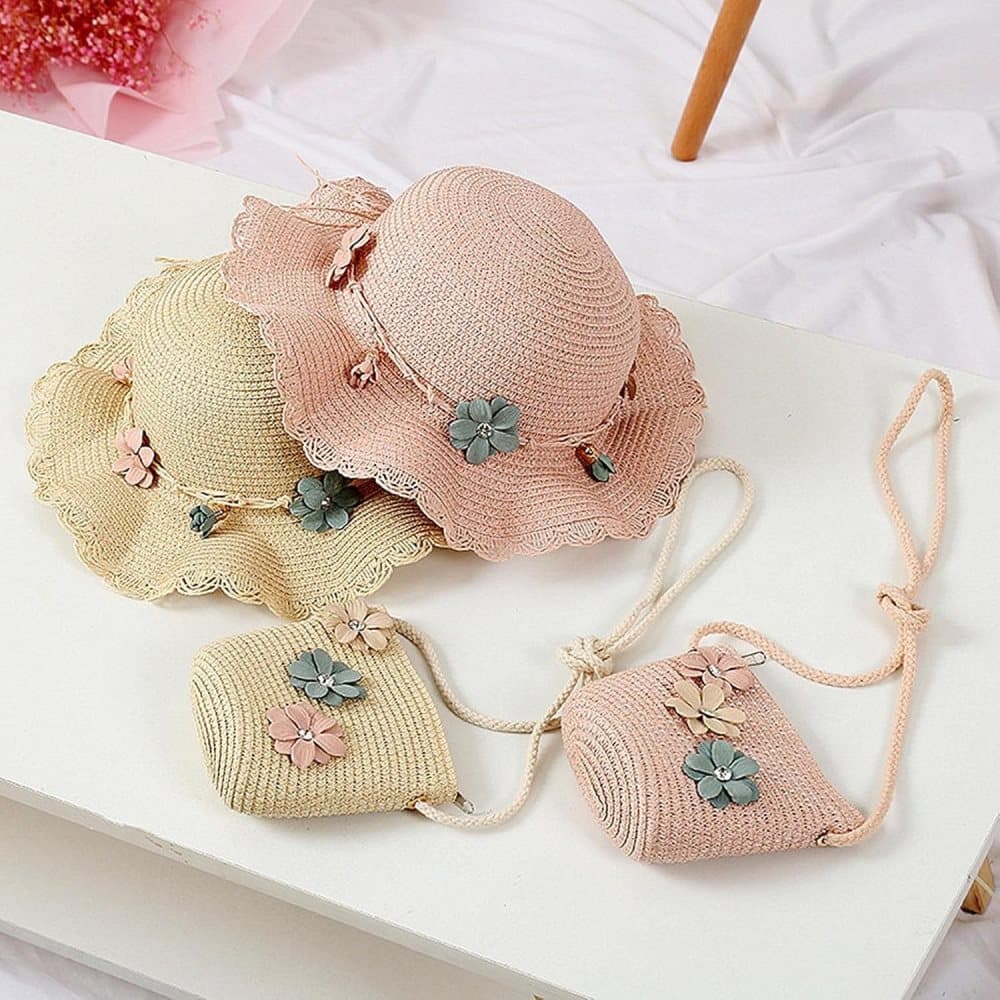 Girls Straw Hat and Shoulder Bag Set for Summer Beach Travel Outdoor Play, White - Image 2