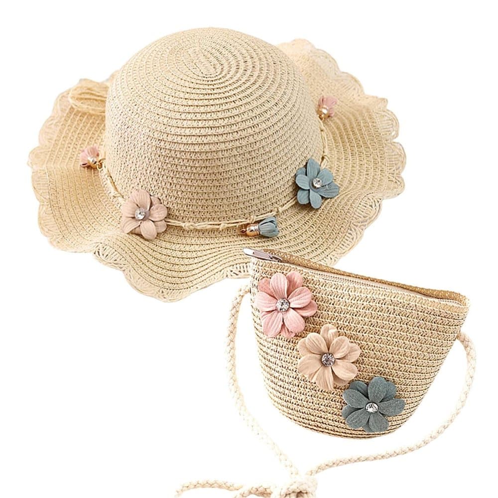 Girls Straw Hat and Shoulder Bag Set for Summer Beach Travel Outdoor Play, Wood - Image 1