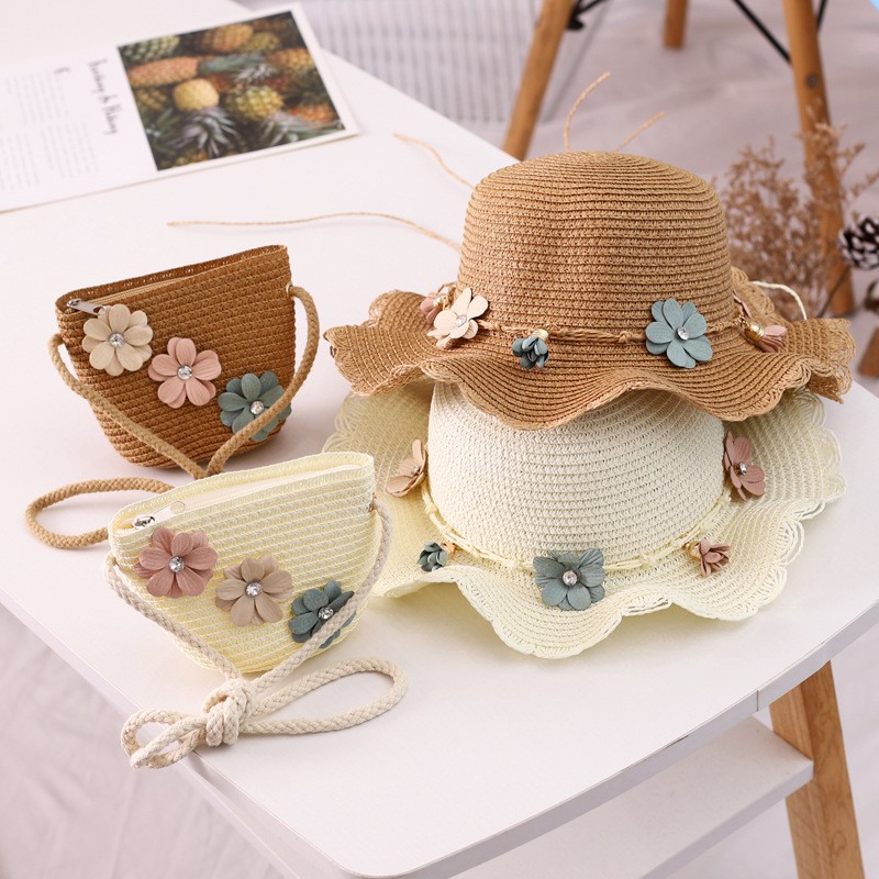 Girls Straw Hat and Shoulder Bag Set for Summer Beach Travel Outdoor Play, Green - Image 4