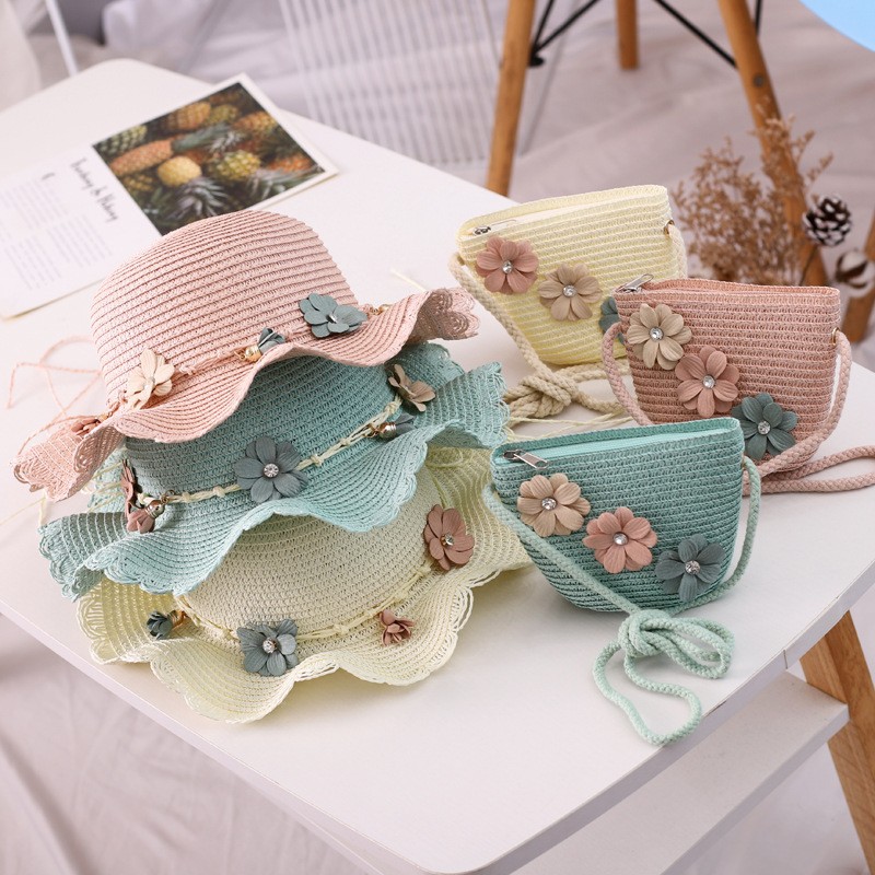 Girls Straw Hat and Shoulder Bag Set for Summer Beach Travel Outdoor Play, Khaki - Image 2