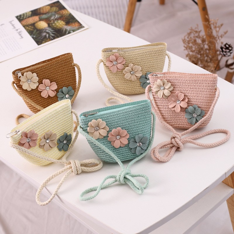 Girls Straw Hat and Shoulder Bag Set for Summer Beach Travel Outdoor Play, Khaki - Image 5