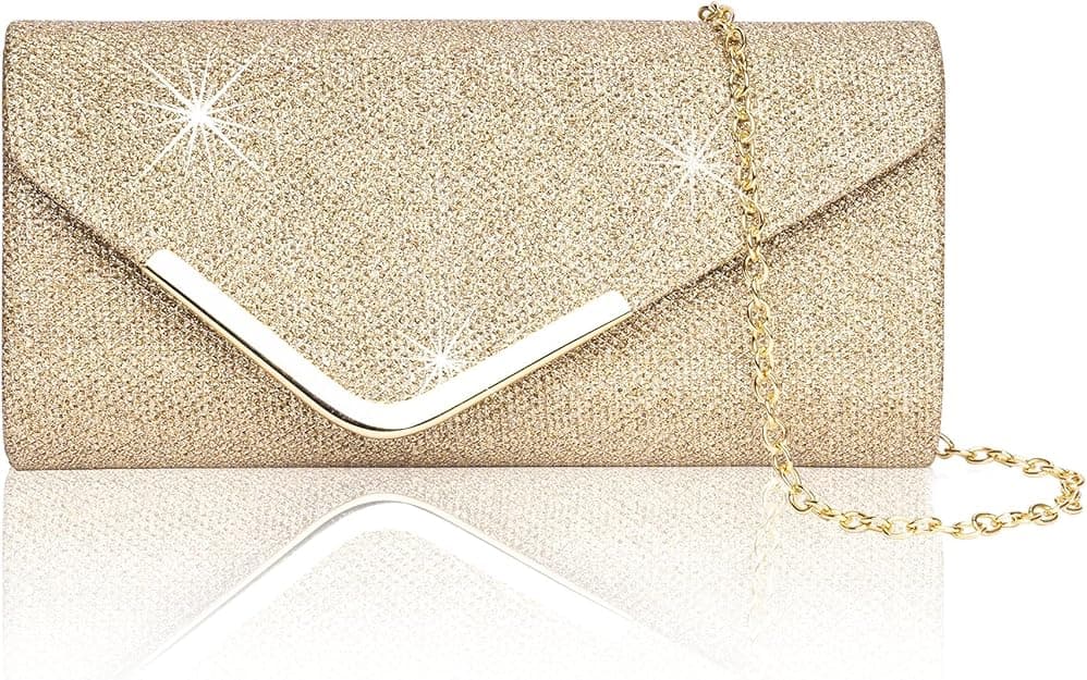 Sequin Evening Bag for Women 3-in-1 with Chain and Envelope Shape, Gold - Image 1