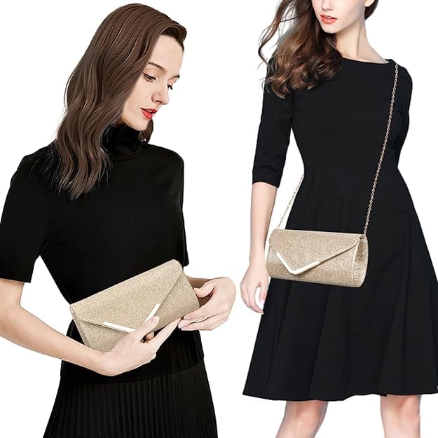 Sequin Evening Bag for Women 3-in-1 with Chain and Envelope Shape, Gold - Image 2