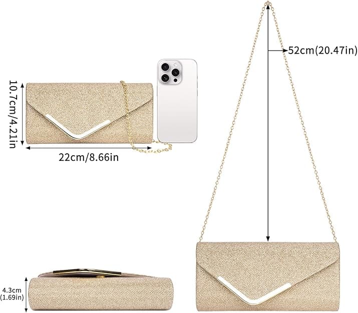 Sequin Evening Bag for Women 3-in-1 with Chain and Envelope Shape, Gold - Image 3