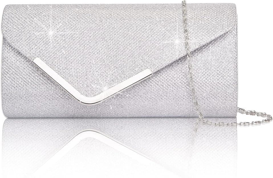 Sequin Evening Bag for Women 3-in-1 with Chain and Envelope Shape, Silver - Image 1
