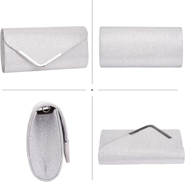 Sequin Evening Bag for Women 3-in-1 with Chain and Envelope Shape, Silver - Image 3