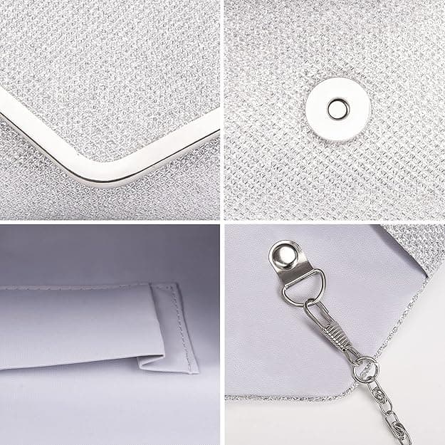 Sequin Evening Bag for Women 3-in-1 with Chain and Envelope Shape, Silver - Image 5