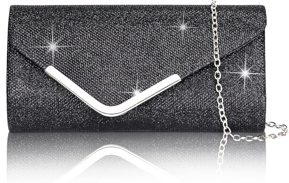 Sequin Evening Bag for Women 3-in-1 with Chain and Envelope Shape, Black - Image 1