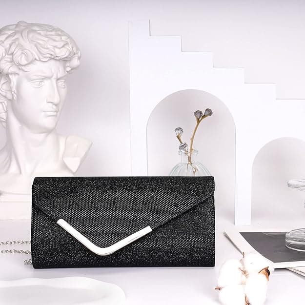 Sequin Evening Bag for Women 3-in-1 with Chain and Envelope Shape, Black - Image 2
