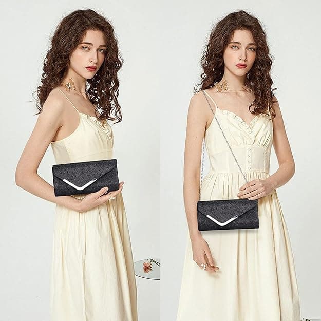Sequin Evening Bag for Women 3-in-1 with Chain and Envelope Shape, Black - Image 3