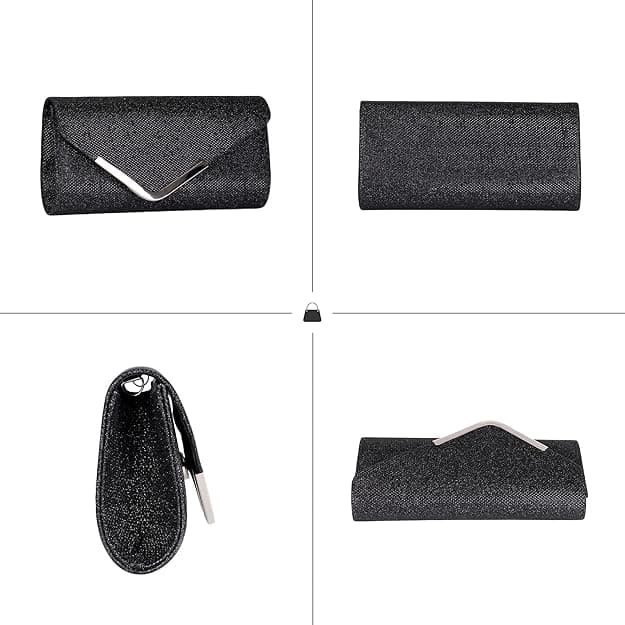 Sequin Evening Bag for Women 3-in-1 with Chain and Envelope Shape, Black - Image 6