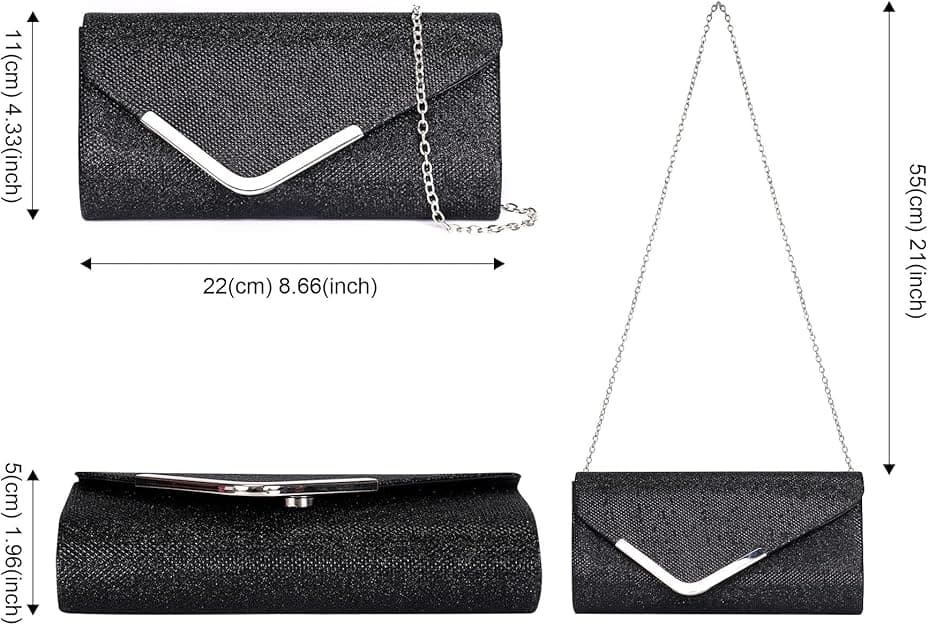 Sequin Evening Bag for Women 3-in-1 with Chain and Envelope Shape, Black - Image 7