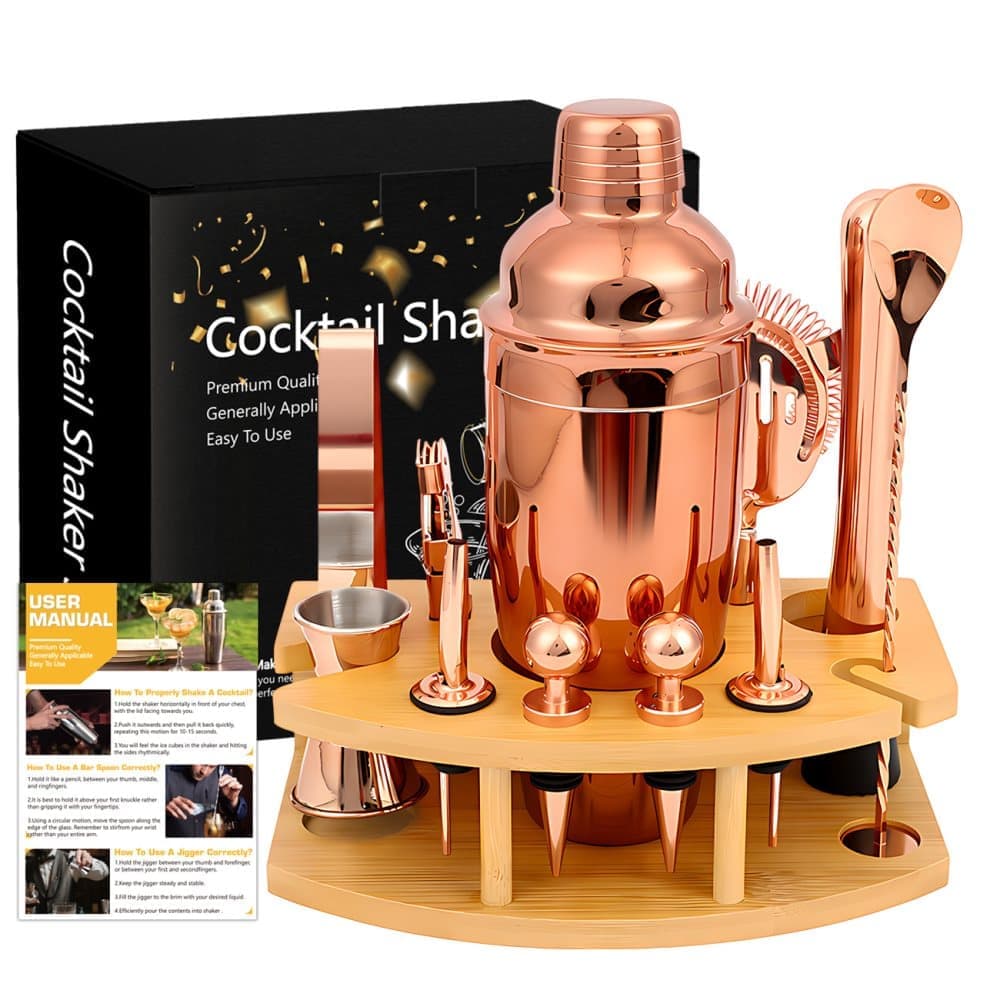 12-Piece Stainless Steel Cocktail Set with Bamboo Stand, Gold, Perfect Gift for Home Bar - Image 1