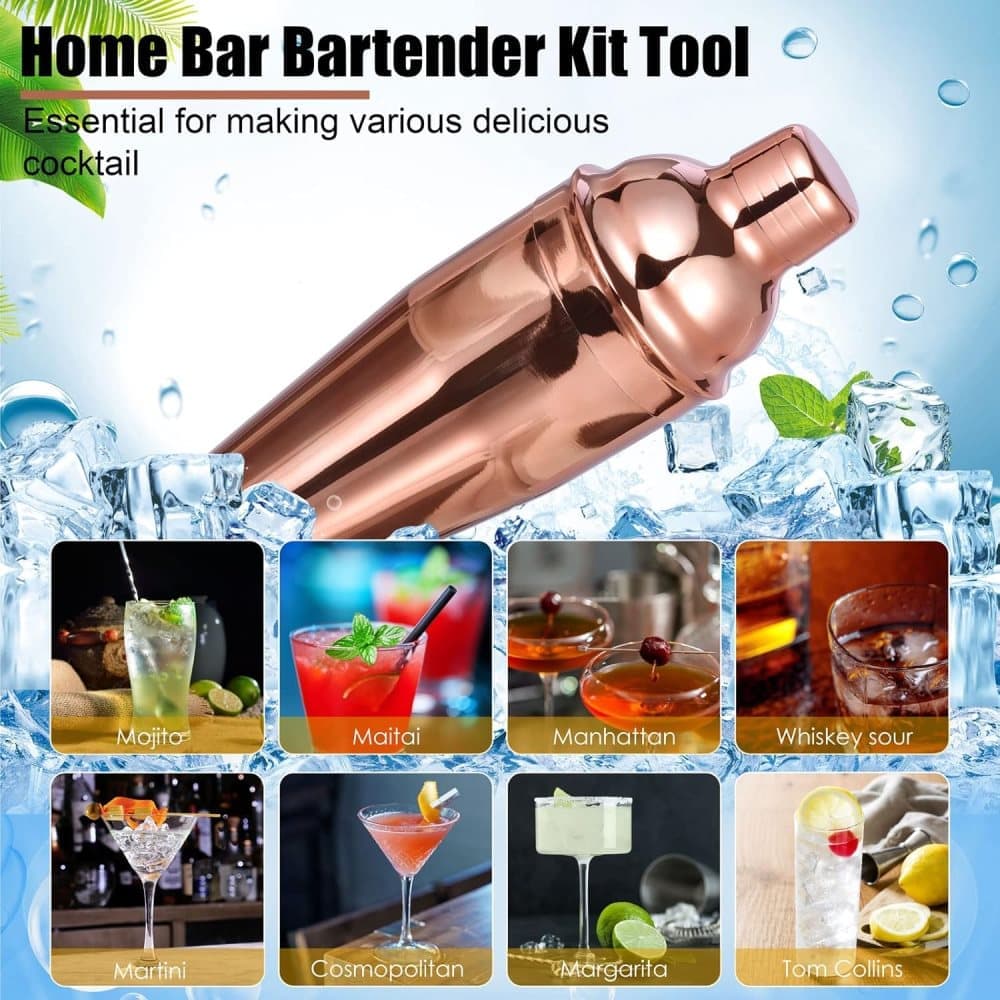 12-Piece Stainless Steel Cocktail Set with Bamboo Stand, Gold, Perfect Gift for Home Bar - Image 2