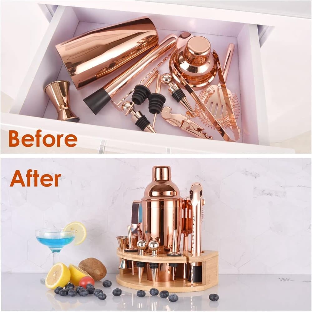 12-Piece Stainless Steel Cocktail Set with Bamboo Stand, Gold, Perfect Gift for Home Bar - Image 4