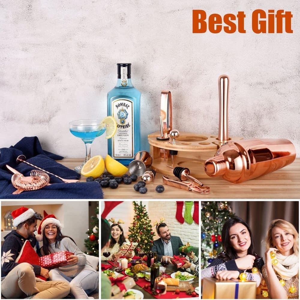 12-Piece Stainless Steel Cocktail Set with Bamboo Stand, Gold, Perfect Gift for Home Bar - Image 6