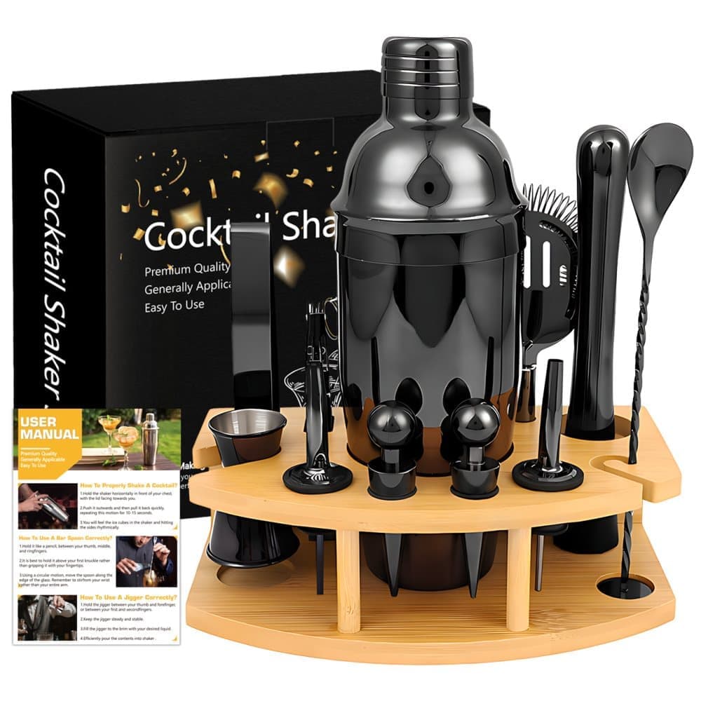 12-Piece Stainless Steel Cocktail Set with Bamboo Stand, Black, for Bar and Home Use, Perfect Gift - Image 1