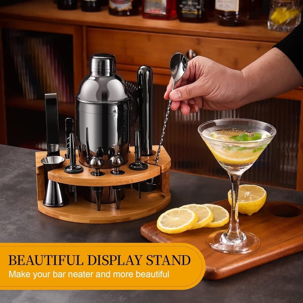 12-Piece Stainless Steel Cocktail Set with Bamboo Stand, Black, for Bar and Home Use, Perfect Gift - Image 2