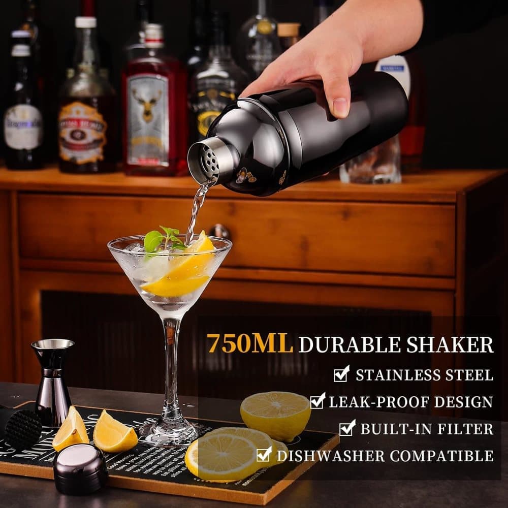 12-Piece Stainless Steel Cocktail Set with Bamboo Stand, Black, for Bar and Home Use, Perfect Gift - Image 3