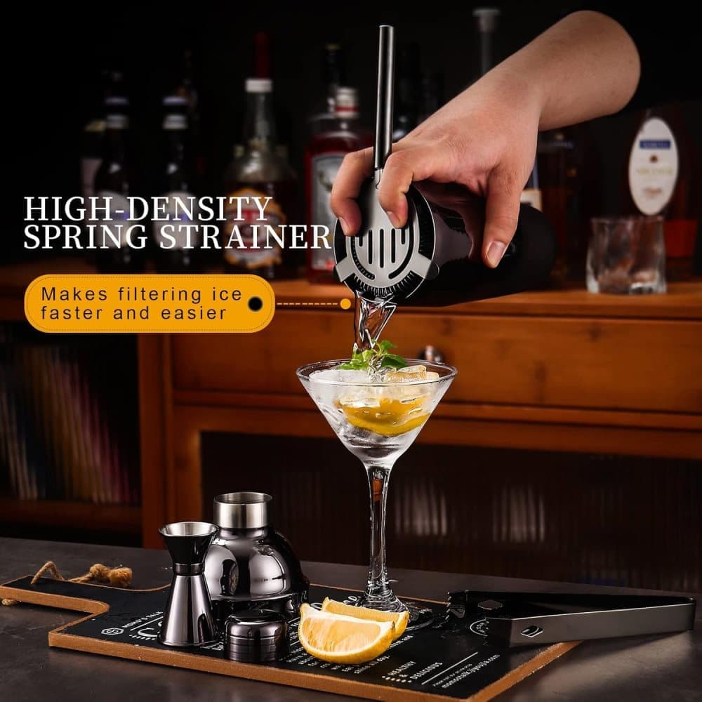 12-Piece Stainless Steel Cocktail Set with Bamboo Stand, Black, for Bar and Home Use, Perfect Gift - Image 4